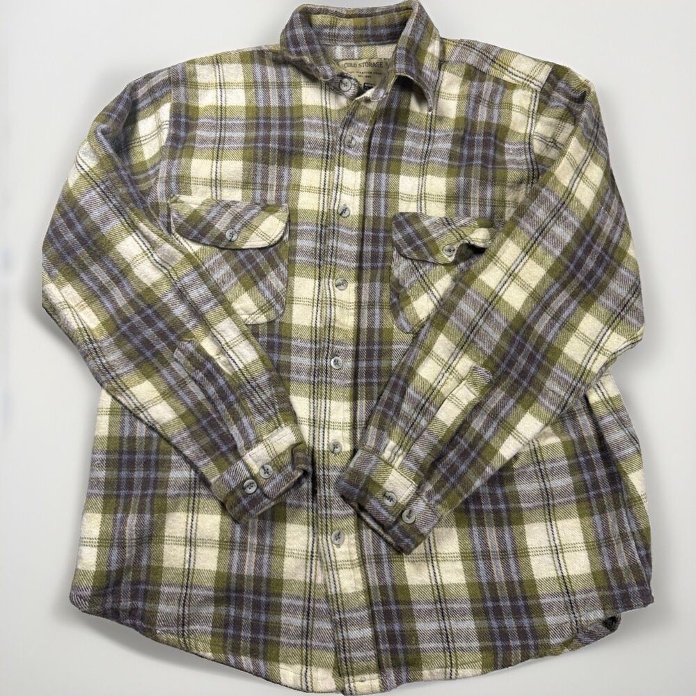 Cold Storage Men's L Cotton‎ Flannel Plaid Long Sleeve Button-Up Shirt Pockets
